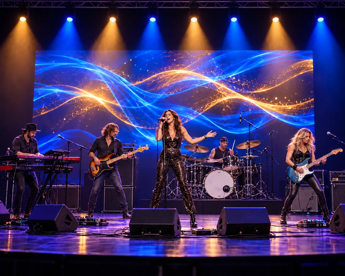 Professional full-stage sound system and show lighting setup