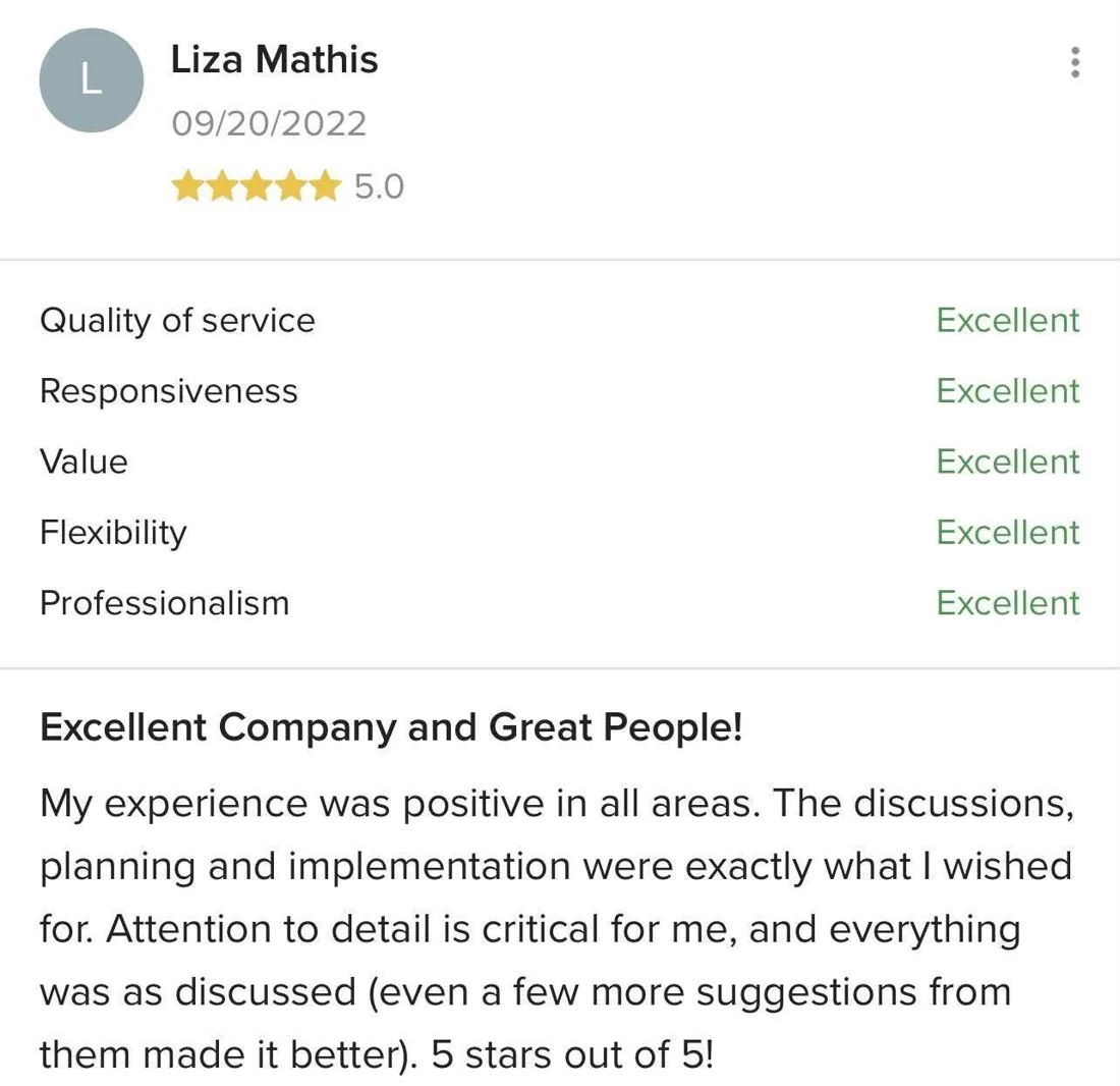 Five-star review from Liza Mathis: Excellent Company and Great People!