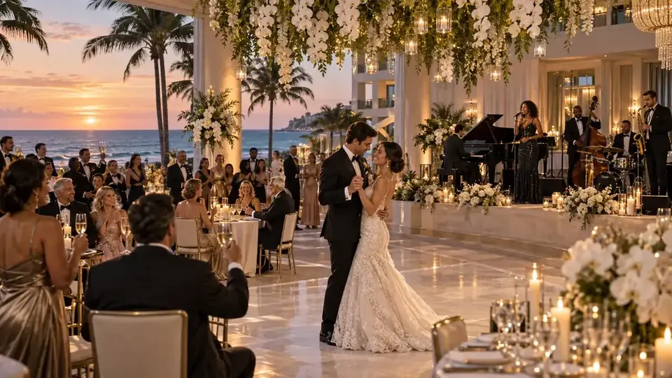 Elegant oceanfront hotel wedding reception with a live band