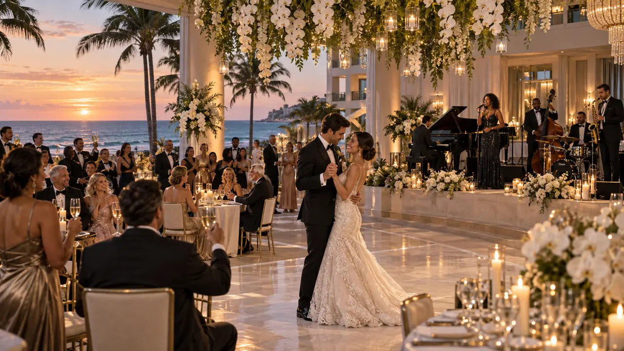 Elegant oceanfront hotel wedding reception with a live band