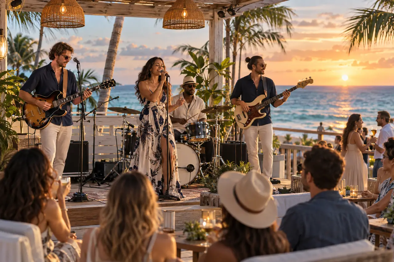 Live band performing at a casual upscale beach bar on the ocean