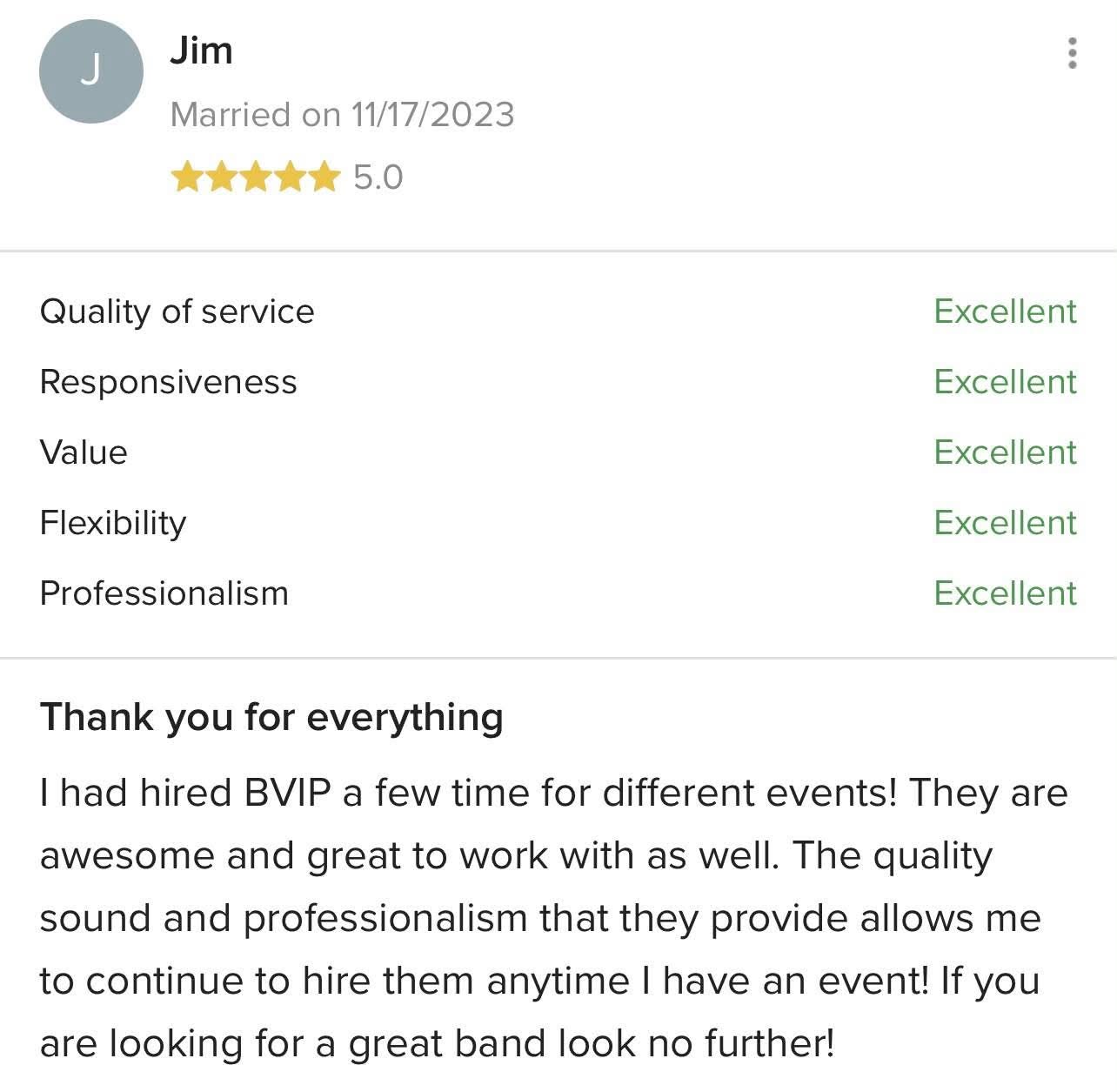 Five-star client review for BVIP Entertainment