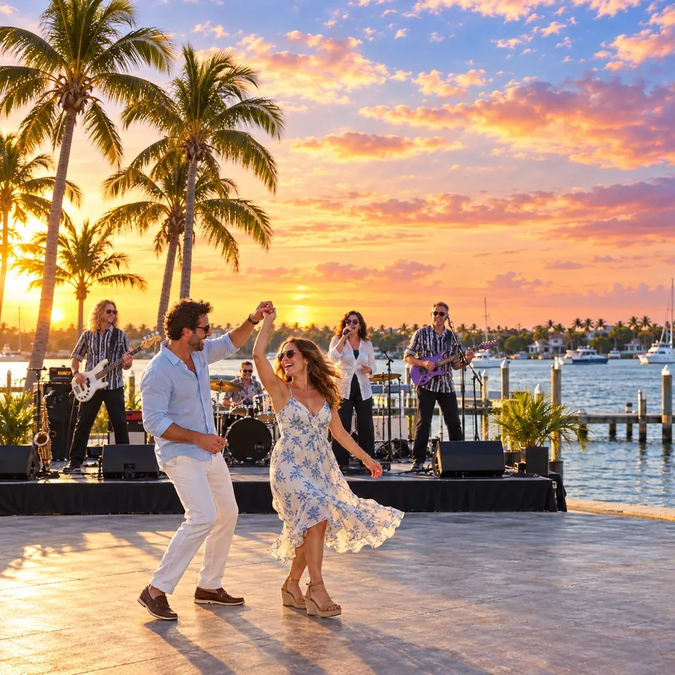An adult couple dancing beside a live band overlooking the water